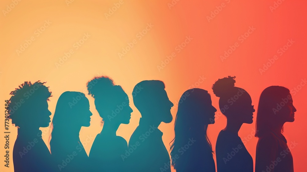 Poster silhouetted side view of diverse group engaging in collaborative discussion, symbolizing unity and p