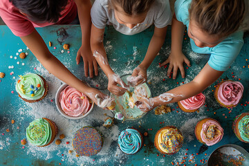 Parents and children baking cupcakes together, decorating them with colorful frosting and sprinkles. Children having fun making cupcakes, sharing food and water on table - obrazy, fototapety, plakaty
