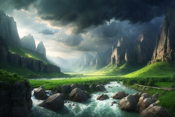Raging River Flowing Through Lush Green Valley Amidst Cliffs - obrazy, fototapety, plakaty