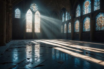 Hall with Large Stained Glass Windows - obrazy, fototapety, plakaty