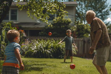 Grandparents and grandchildren playing catch in the backyard, tossing a ball back and forth with smiles. An old man and two boys enjoying leisure time playing soccer in the yard