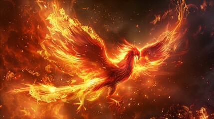 Brilliant flames engulf a majestic Phoenix, its fiery plumage glowing with vibrant intensity. 