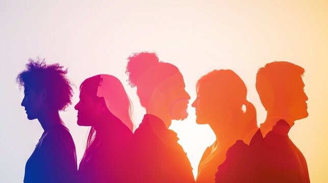 Silhouetted side view of diverse group engaging in collaborative discussion, symbolizing unity and partnership in a professional setting