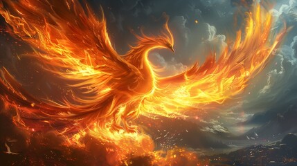 Brilliant flames engulf a majestic Phoenix, its fiery plumage glowing with vibrant intensity. 