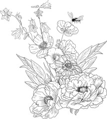 Hand Drawn arrangement featuring Peonies, bluebells, leaves and small bee