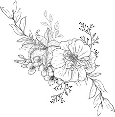  Hand drawn floral arrangements with lilies, peony, leaves and branches.