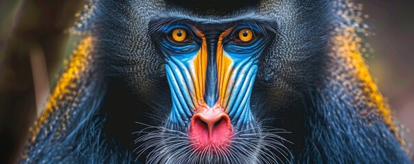 Close-up of a mandrill's colorful face - obrazy, fototapety, plakaty