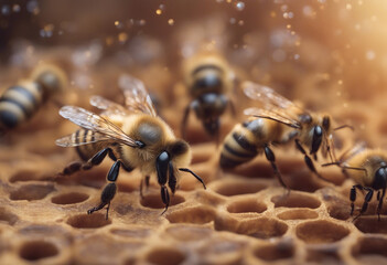 The queen (apis mellifera) marked with dot and bee workers around her life of bee colony
