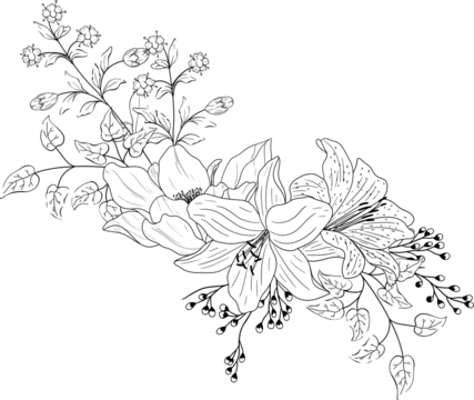Hand drawn lily floral arrangement with leaves and branches.