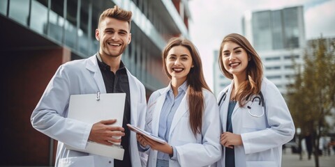 Fototapeta na wymiar A portrait of three smiling young doctors standing in front, one holding medical records and wearing white coats, with a modern hospital background, in the style of professional photography.