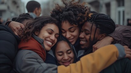 Diverse group embracing in solidarity and support at community gathering - obrazy, fototapety, plakaty