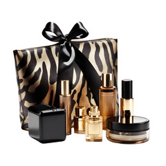 Cosmetic gift set gold and black colour Isolated on transparent background.