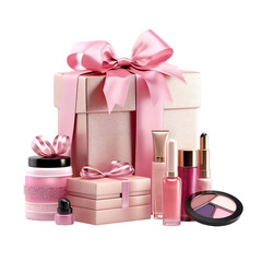 Cosmetic gift set pink and rose gold colour Isolated on transparent background.