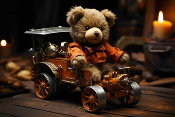 A brown baby bear in a brown bowtie, playing with a toy train on a brown background.