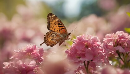 Fototapeta na wymiar An intricate butterfly rests delicately on a vibrant pink blossom, surrounded by a soft-focus garden.