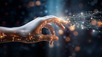 a hand touching a glowing wireframe
