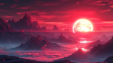 Foto op Aluminium Bordeaux Alien landscape with a red moon and stars