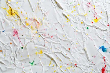 Crumpled White Paper Texture Background with Colorful Paint Splatters, Abstract