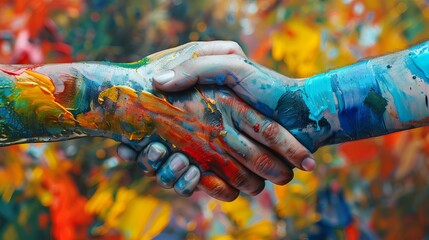 Unity in diversity: oil-painted hands in a handshake symbolizing inclusivity and harmony