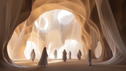 a group of people in white robes in a cave - obrazy, fototapety, plakaty