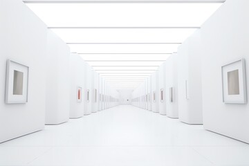 a long white room with white columns and paintings