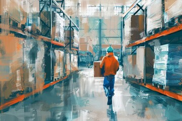 Dedicated Warehouse Worker Carrying Boxes, Logistics and Distribution Center, Digital Painting