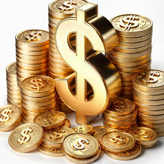 Dollar sign and stacks of gold coins illustration on a white background