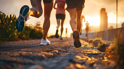 close up legs runner group running on sunrise seaside trail - obrazy, fototapety, plakaty