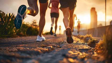 Foto op Aluminium close up legs runner group running on sunrise seaside trail © john