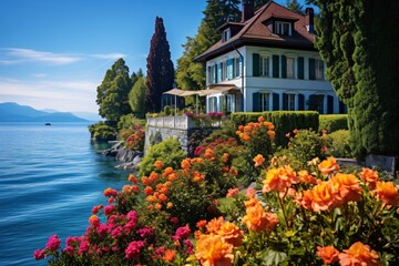 a house with flowers by the water - obrazy, fototapety, plakaty