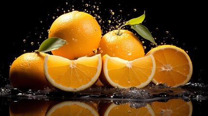 a group of oranges with water splashing around them