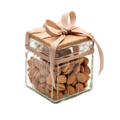 Handmade care package, seasonal gift box with Almonds in glass jar, Personalized eco friendly basket for family, friends, girl for thanksgiving & birthday Isolated on transparent background.