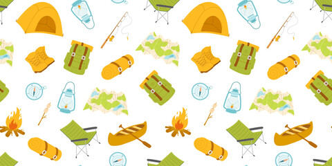 Seamless pattern with yellow camping tent, canoe and fishing rod isolated on white background