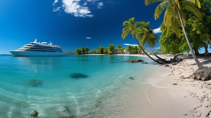 a beach with palm trees and a cruise ship