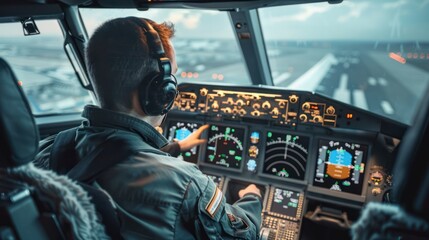 A pilot performing pre-flight checks on a commercial aircraft. 