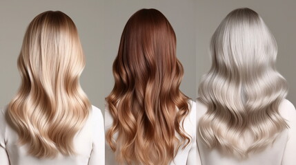 Three women with different hair colors from silver, blonde to redhead, showcasing hair dye results - obrazy, fototapety, plakaty