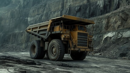 Loaded haul truck drives on a dirt road in an expansive open-pit mining operation under a hazy sky