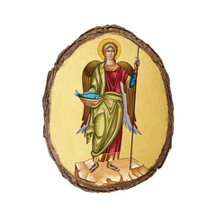Christian vintage illustration of archangel Rafail. Golden religious image in Byzantine style on white background