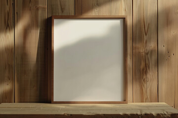 blank light brown frame and on wooden wall
