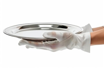 Elegant Waiter's Gloved Hand Holding Empty Silver Serving Tray, Isolated on White - Concept Photo