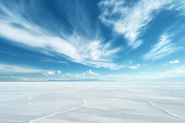 Vast white salt flats stretching to distant mountains beneath a dramatic blue sky with wispy clouds. - obrazy, fototapety, plakaty