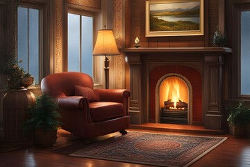 The fireplace and armchair