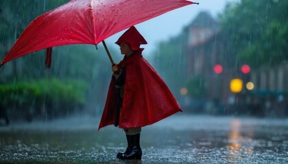 A person clad in a red raincoat stands under a red umbrella on a rain-soaked street, with blurred lights in the background