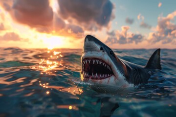 toothy shark emerges from the sea
