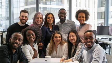 Diverse office team in a collaborative environment sharing a joyful moment together