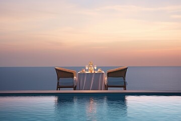 Elegant Poolside Dinner at Twilight. A serene twilight setting for an elegant dinner for two by the side of a calm infinity pool. - Powered by Adobe
