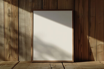 blank light brown frame and on wooden wall