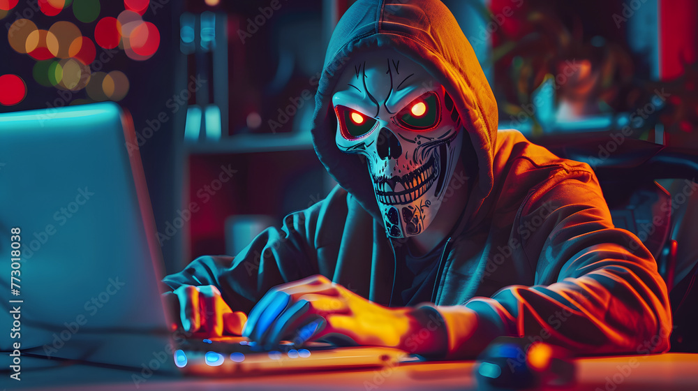 Poster anonymous robot hacker with skull mask typing computer laptop. concept of hacking cybersecurity, cyb
