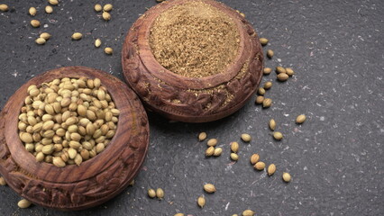 Coriander seeds and coriander Powdered, Indian Spices and herbs.