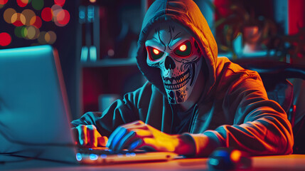 Anonymous robot hacker with skull mask typing computer laptop. Concept of hacking cybersecurity, cybercrime,